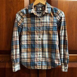 The North Face Women’s Blue Brown Plaid Flannel Shirt Roll Tab Sleeves Size XS